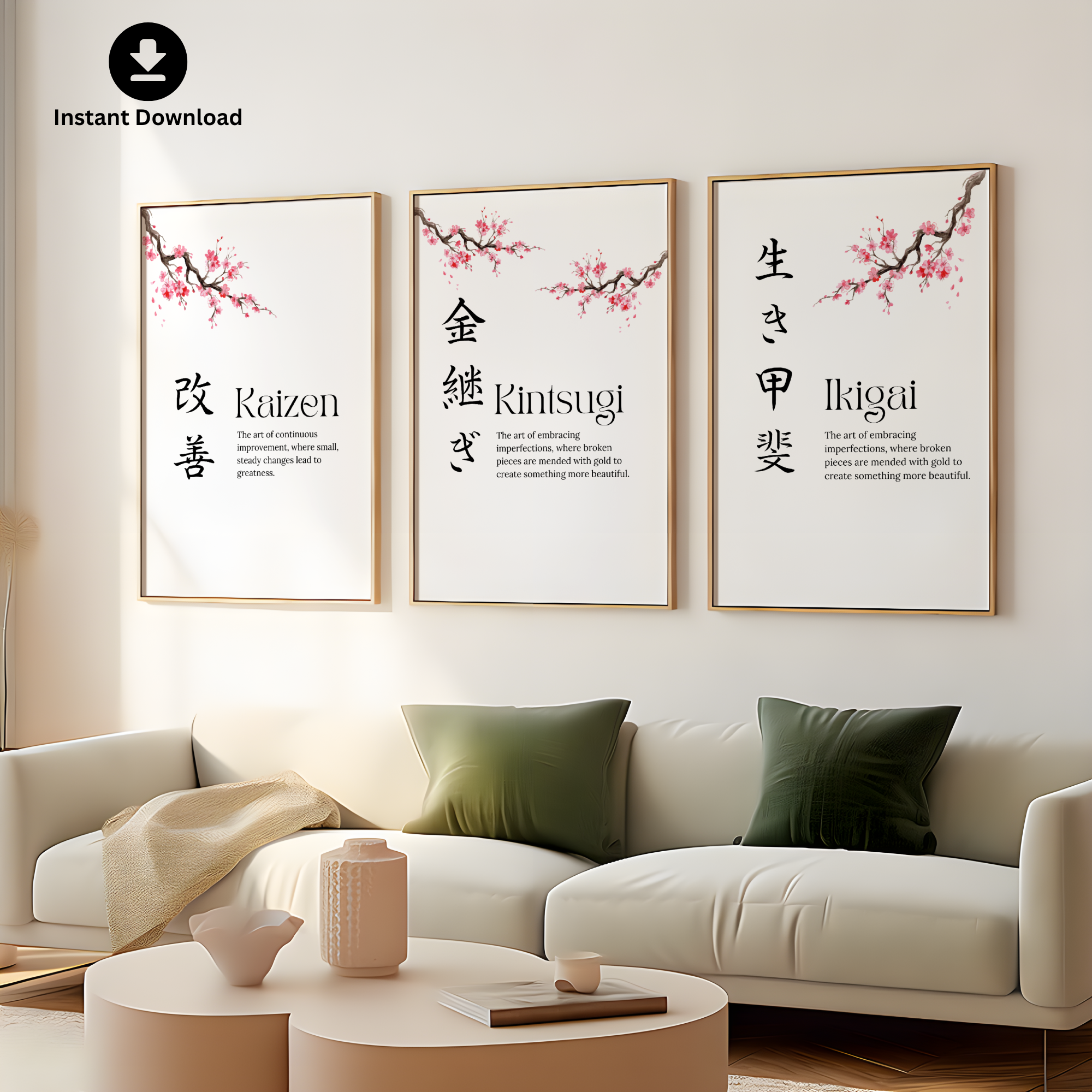 Ikigai, Kintsugi & Kaizen Wall Art – Inspirational Japanese Printable Poster with Motivational Quotes