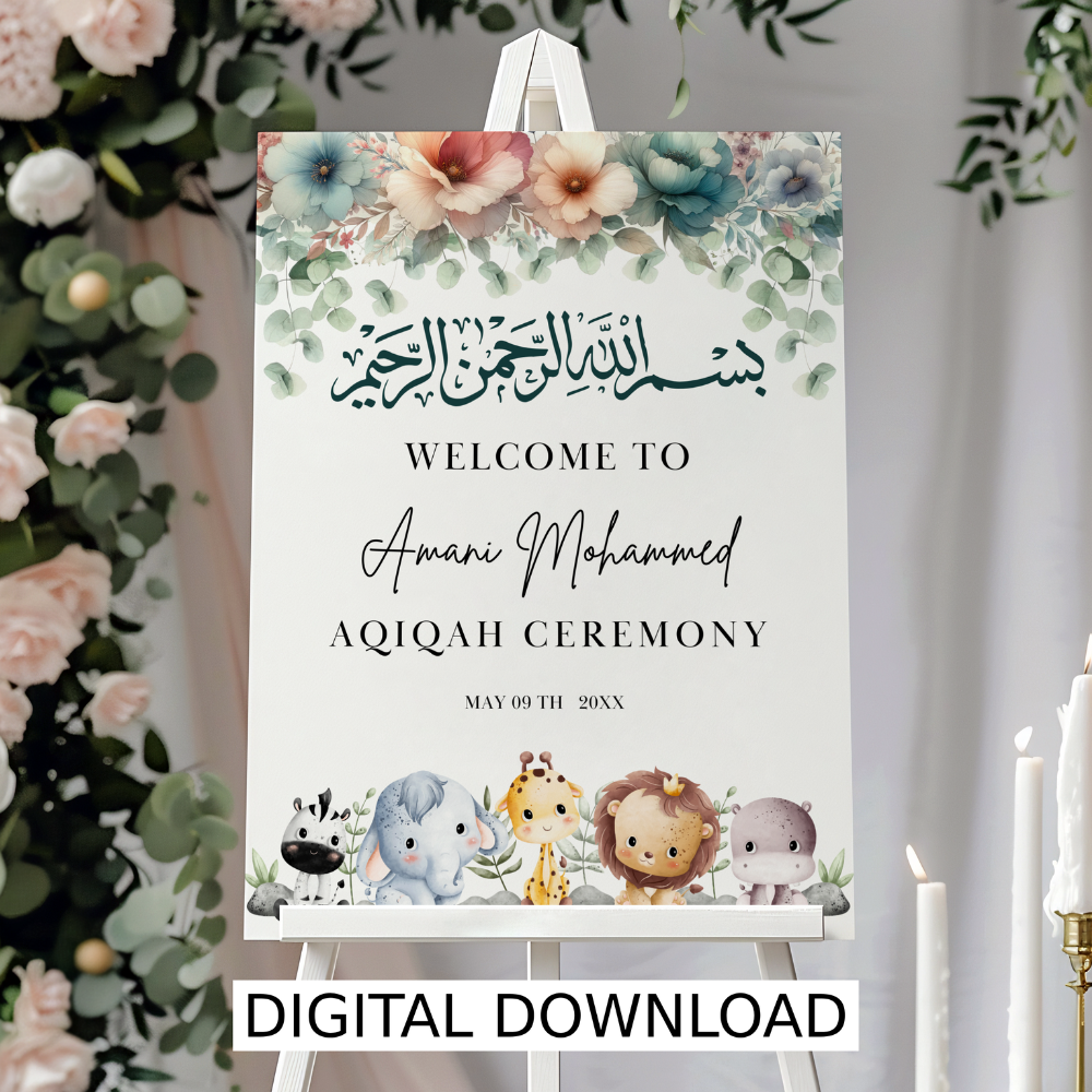 Personalized Aqiqah Welcome Sign – SafariTheme | Islamic Baby Shower Printable PDF | Pink Decor for Baby Girl
