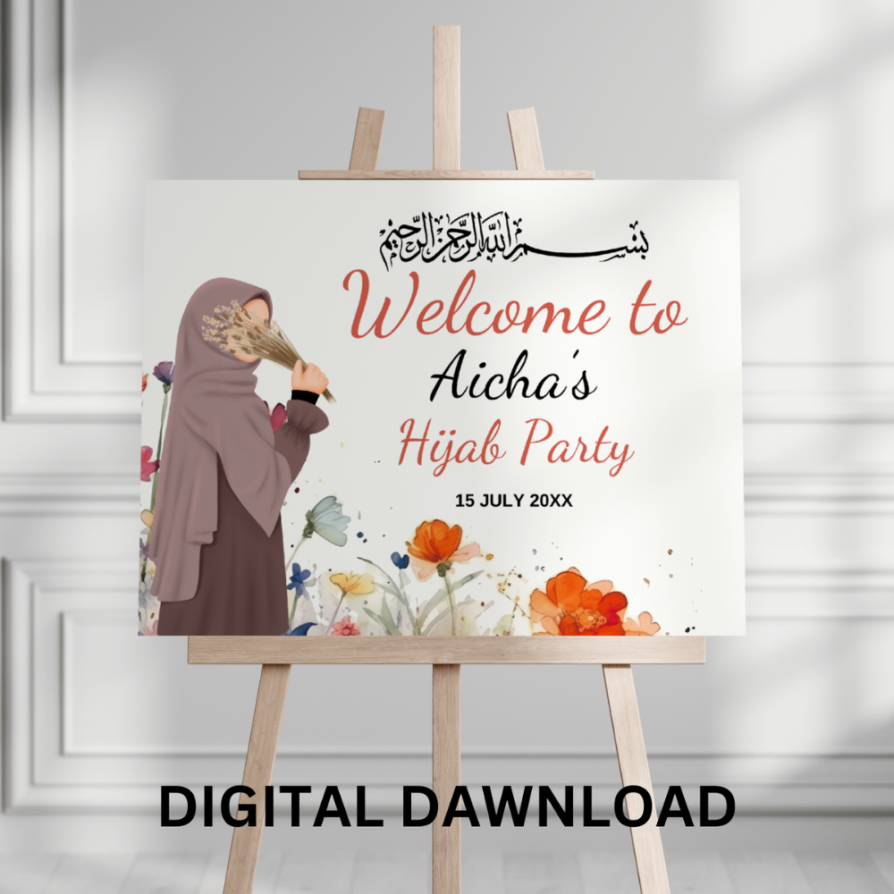 Personalized Hijab Party Welcome Sign – Islamic Girl’s First Hijab Celebration Poster (24x18 in)