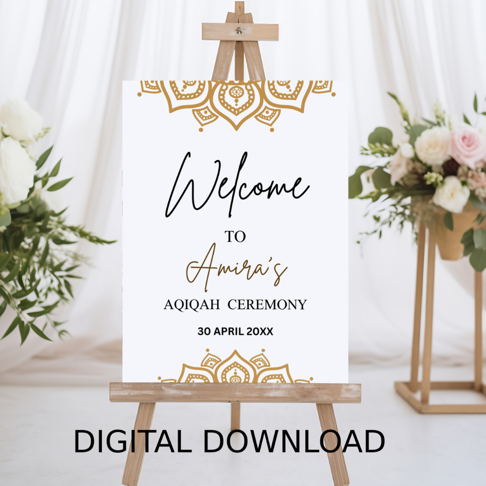 Aqiqah Printable Welcome Sign – Personalized Islamic Baby Shower MandalaDecor